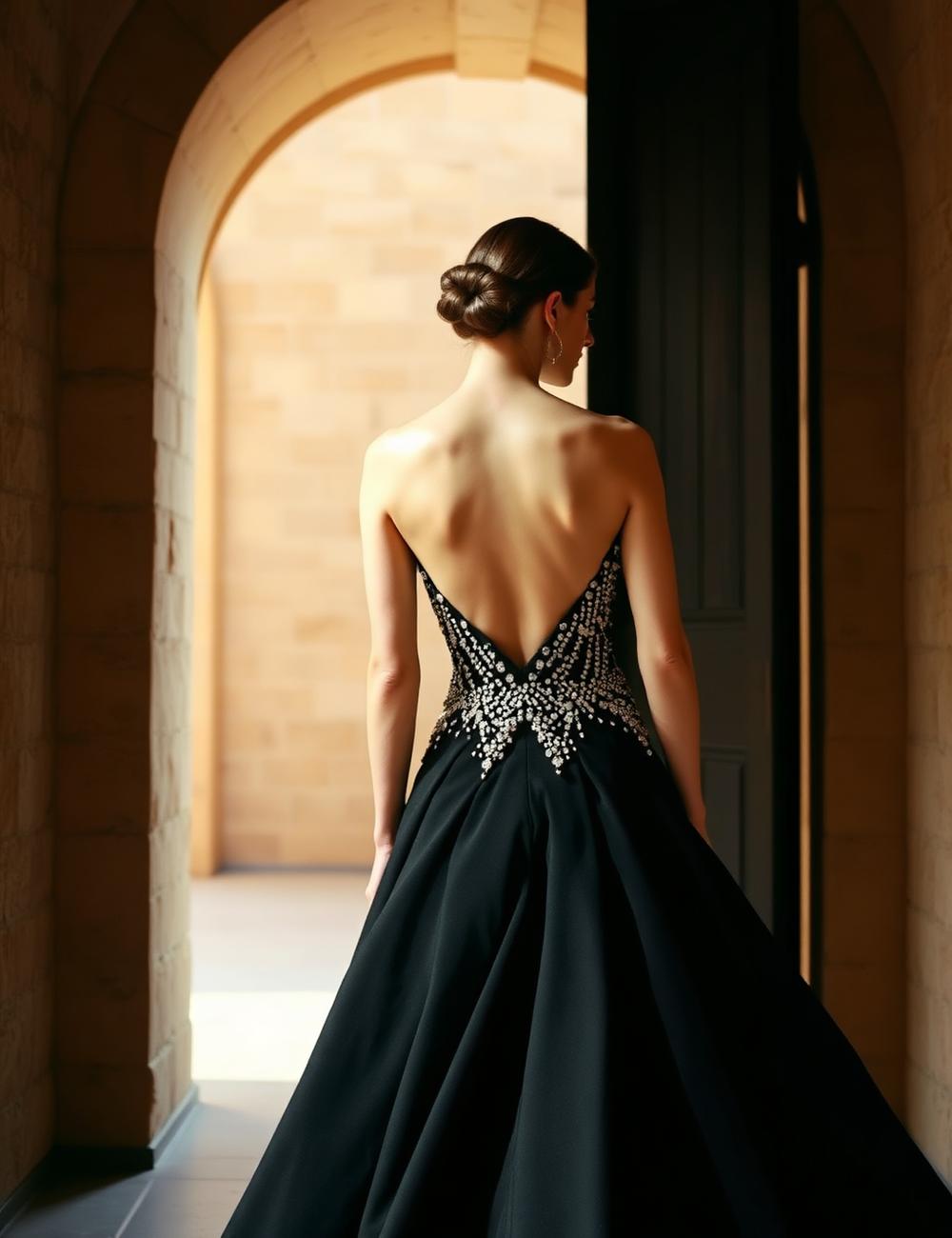 Black MOKO couture gown with sculptural crystal construction